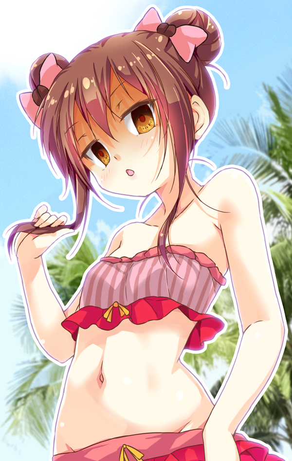 1girl bandeau bangs bow brown_eyes brown_hair cafe-chan_to_break_time cafe_(cafe-chan_to_break_time) coffee_bean_hair_ornament commentary_request double_bun flat_chest glaring hair_between_eyes hair_bow holding holding_hair looking_at_viewer looking_down midriff navel palm_tree pink_hair porurin_(do-desho) shaded_face sidelocks solo swimsuit tree