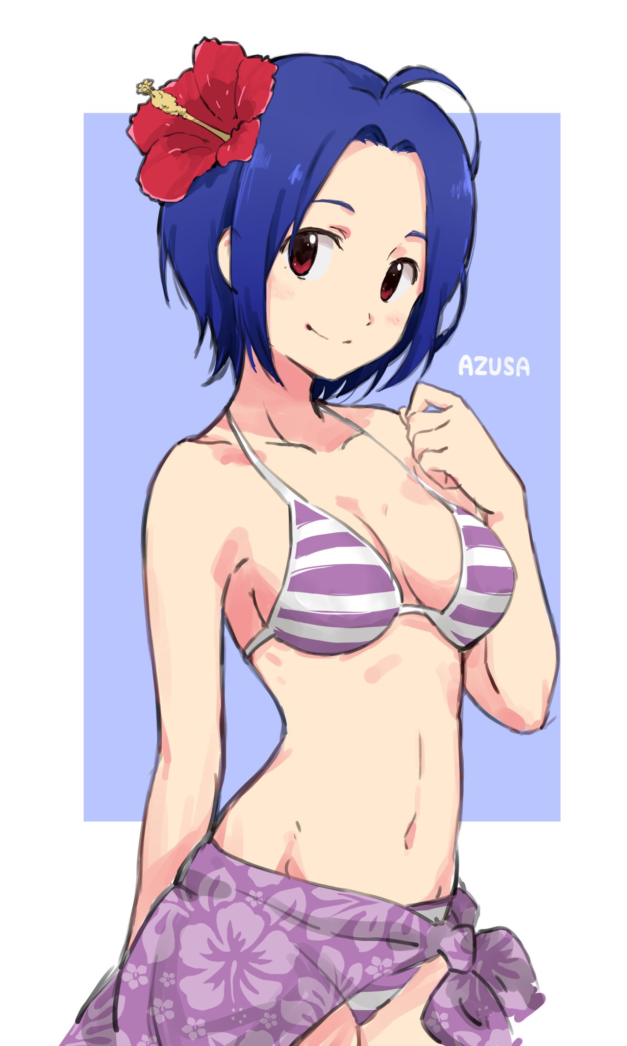 1girl ahoge bikini blue_hair breasts character_name cleavage cowboy_shot flower hair_flower hair_ornament highres idolmaster looking_at_viewer miura_azusa navel red_eyes sarong short_hair sideboob smile solo striped striped_bikini swimsuit villdona