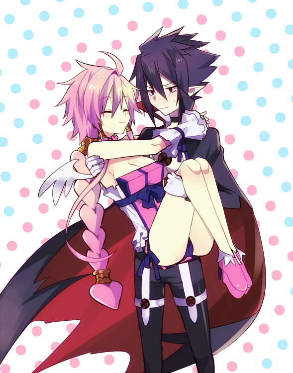 1boy 1girl ahoge black_hair black_pants braid breasts cape carrying cleavage closed_eyes disgaea gloves lololotton long_hair makai_senki_disgaea_4 pants pink_hair pink_shoes pointy_ears polka_dot polka_dot_background princess_carry red_eyes shoes sidelocks smile valvatorez_(disgaea) vulcanus_(disgaea_4) white_gloves