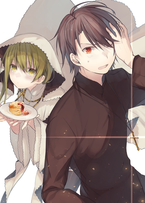 &gt;;o 1boy 1girl bangs black_hair blonde_hair blush cake cassock cross cross_necklace diffraction_spikes food habit hair_between_eyes hand_in_hair hand_on_own_head holding holding_plate jewelry kazutake_hazano leaning_forward long_hair long_sleeves looking_at_viewer necklace nun one_eye_closed original plate red_eyes sweat upper_body veil wide_sleeves yellow_eyes