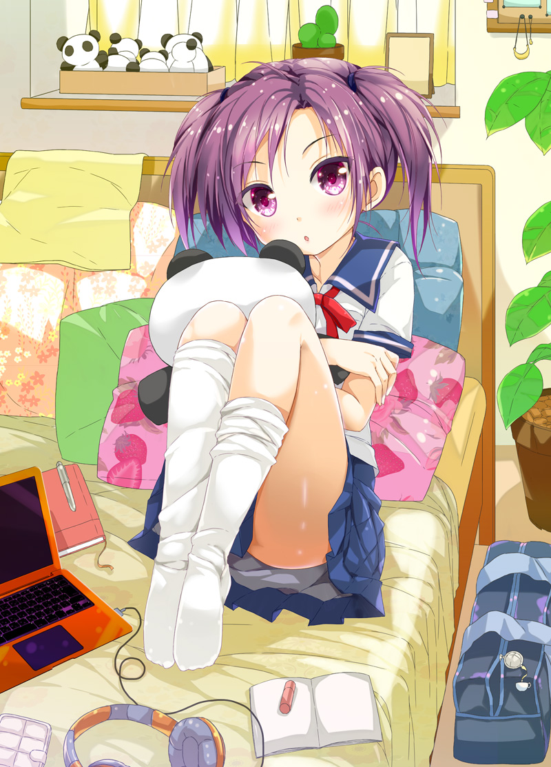 1girl :o bag_charm bangs bed blush book cactus commentary_request hair_tie headphones kneehighs knees_up looking_at_viewer no_shoes object_hug on_bed original pen picture_frame pillow plant pleated_skirt porurin_(do-desho) potted_plant purple_hair reclining school_uniform serafuku skirt solo strawberry_print stuffed_animal stuffed_panda stuffed_toy thigh-highs twintails violet_eyes white_legwear