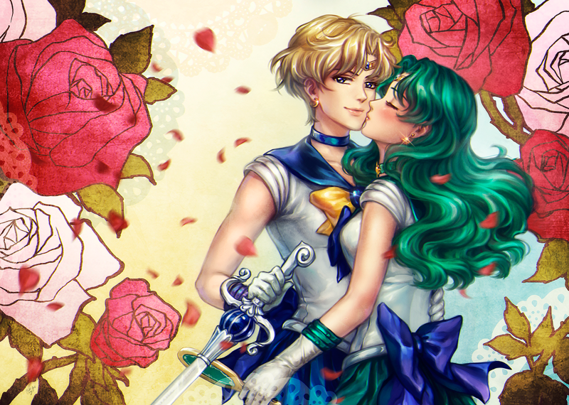 bishoujo_senshi_sailor_moon blonde_hair blue_eyes blue_skirt cheek_kiss choker circlet collarbone deep_aqua_mirror earrings elena_ivlyushkina flower gloves green_hair green_skirt jewelry kaiou_michiru kiss long_hair miniskirt motion_blur petals revision rose rose_petals sailor_collar sailor_neptune sailor_uranus shiny short_hair skirt smile space_sword ten'ou_haruka white_gloves yuri