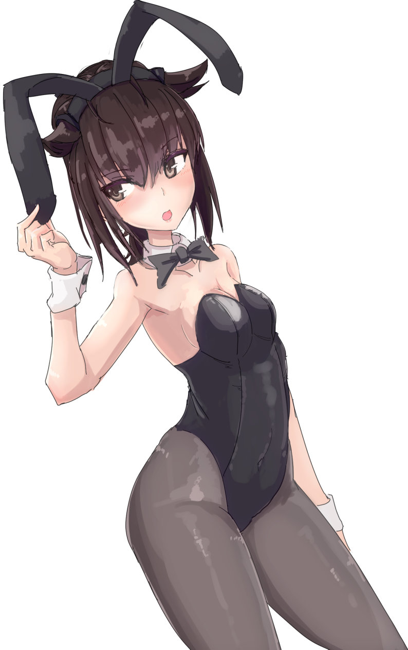1girl animal_ears black_legwear bow bowtie breasts brown_eyes bunnysuit cleavage comala_(komma_la) detached_collar fake_animal_ears hair_flaps hairband hatsuzuki_(kantai_collection) highres kantai_collection leotard looking_at_viewer open_mouth pantyhose rabbit_ears short_hair small_breasts solo white_background wrist_cuffs