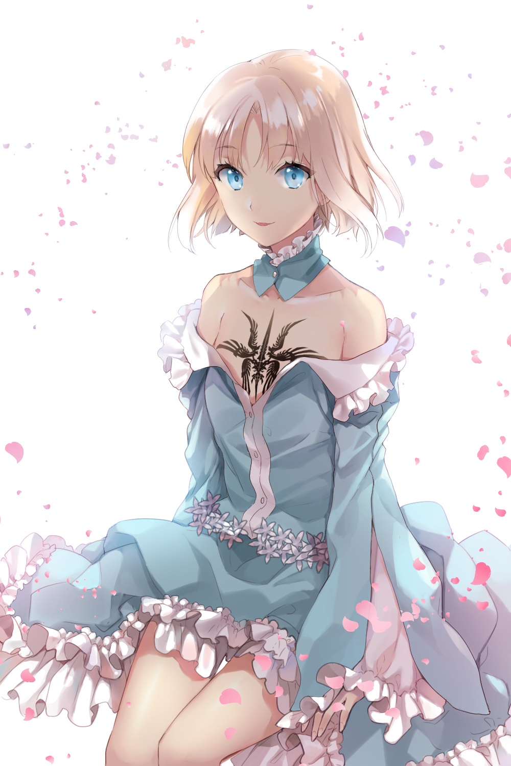 1girl bare_shoulders blonde_hair blue_dress blue_eyes closed_mouth collar collarbone command_spell dress eyebrows eyebrows_visible_through_hair fate/prototype fate/stay_night fate_(series) flat_chest flower frilled_collar frilled_dress frilled_sleeves frills highres ice_(ice_aptx) light_smile looking_at_viewer off-shoulder_dress off_shoulder petals sajou_manaka short_hair simple_background sitting solo white_background