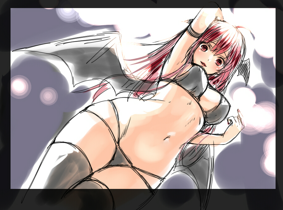 1girl ahoge alternate_costume arm_up armband armpits bat_wings bikini black_bikini black_legwear blush border breasts crossed_legs dutch_angle from_below grey_background head_wings kanzaki_maguro koakuma large_breasts light_particles lips long_hair looking_at_viewer looking_down low_wings nail_polish navel parted_lips red_eyes redhead simple_background sketch smile solo swimsuit thigh-highs touhou wings