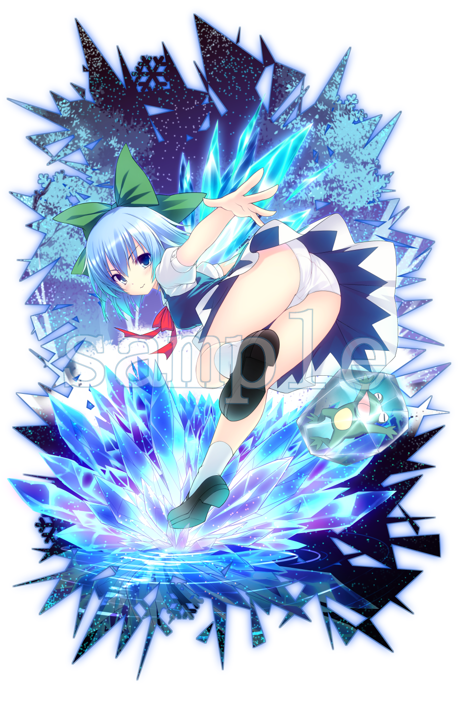 &gt;:) 1girl ass black_shoes blue_dress blue_eyes blue_hair blush bow breasts cirno dress frog from_behind frozen full_body green_bow hair_bow highres ice ice_wings looking_at_viewer looking_back medium_breasts mushroom_(artist) neck_ribbon panties puffy_short_sleeves puffy_sleeves red_ribbon ribbon sample shoes short_hair short_sleeves socks solo touhou underwear white_legwear white_panties wings