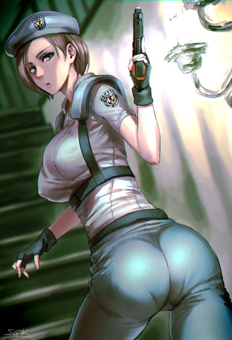 1girl artist_name ass beret blue_eyes breasts brown_hair fingerless_gloves gloves gun handgun hat jill_valentine looking_at_viewer pants pantylines parted_lips pistol resident_evil sgk short_hair signature solo stairs tight tight_pants trigger_discipline weapon