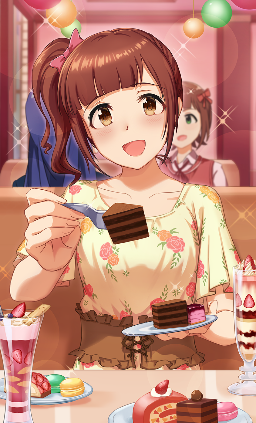 3girls amami_haruka bangs blue_hair blunt_bangs blurry blush bow brown_eyes brown_hair cake collarbone corset depth_of_field diner feeding floral_print food green_eyes hair_bow highres idolmaster idolmaster_cinderella_girls igarashi_kyouko kisaragi_chihaya long_hair macaron makamati multiple_girls open_mouth parfait pov short_hair side_ponytail smile solo_focus sparkle