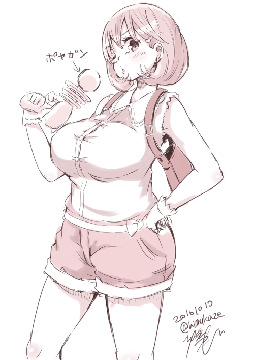 1girl bag breasts dated energy_gun gloves hand_on_hip handbag himukaze large_breasts looking_at_viewer narusawa_ryouka occultic;nine one_eye_closed parted_lips ray_gun short_hair shorts signature simple_background solo thighs translation_request twitter_username weapon white_background