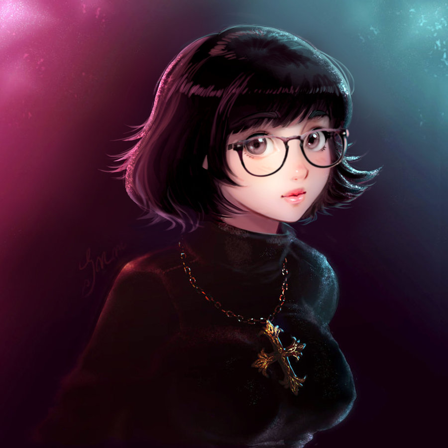 1girl black_hair blush breasts covered_nipples cross cross_necklace eyebrows eyebrows_visible_through_hair glasses hunter_x_hunter jewelry medium_breasts necklace realistic shizuku_(hunter_x_hunter) short_hair sillyselly solo turtleneck upper_body
