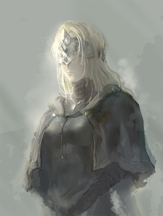 1girl bandage bandaged_arm black_dress blonde_hair breasts cape closed_mouth dark_souls_iii dress fire_keeper grey_background jewelry long_hair mask medium_breasts necklace solo souls_(from_software) tenshin_kagehisa upper_body