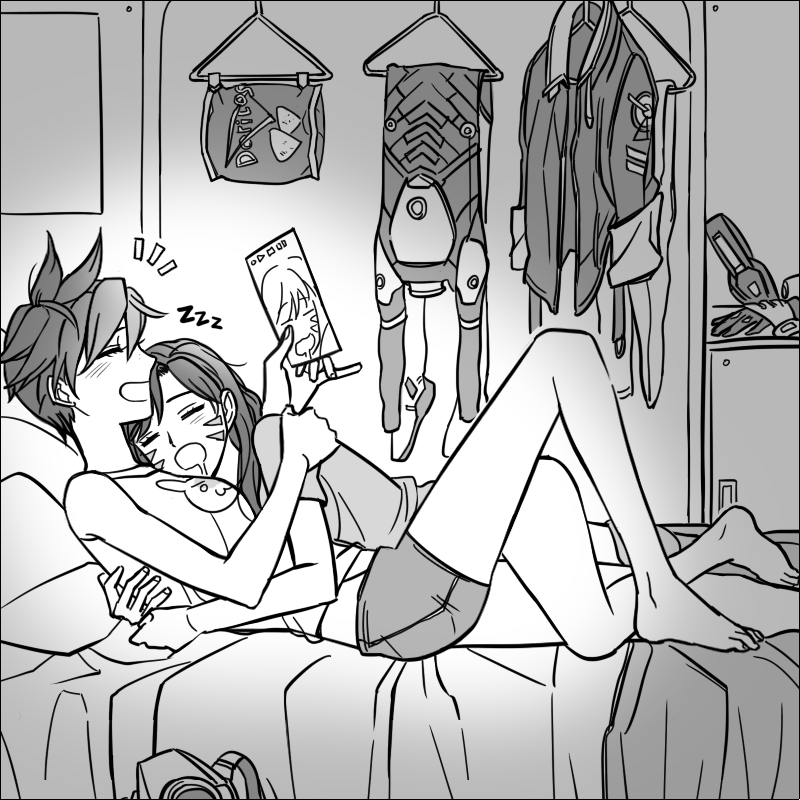 2girls bare_shoulders barefoot bed blush bodysuit bunny_head casual closed_eyes clothes_hanger commentary_request d.va_(overwatch) doritos drooling facial_mark gloves greyscale holographic_interface hooreng hug lying monochrome multiple_girls on_back overwatch short_hair shorts sleeping sleeping_on_person tracer_(overwatch) yuri zzz