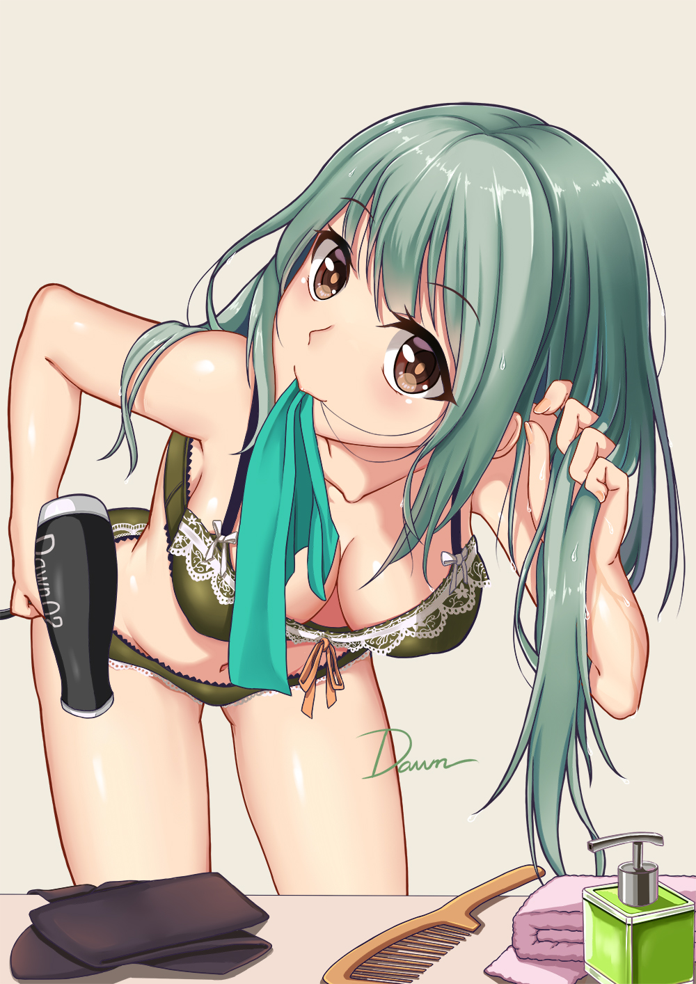 1girl adjusting_hair bra breasts brown_eyes cleavage collarbone comb dawn_(664387320) green_hair hair_down hair_dryer highres kantai_collection leaning_forward long_hair looking_at_viewer mouth_hold navel panties signature simple_background solo tying_hair underwear underwear_only wet wet_hair yuubari_(kantai_collection)