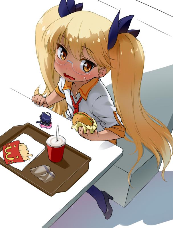1girl bangs blonde_hair blush brown_eyes drink food french_fries from_above glasses hair_ornament hamburger high_heels long_hair mcdonald's necktie open_mouth retoree show_by_rock!! sitting solo tray twintails zanzi