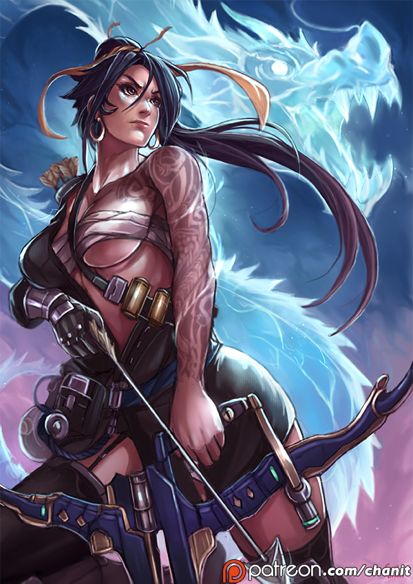 1girl black_hair black_legwear blue_background bow_(weapon) breasts cowboy_shot dragon earrings furrowed_eyebrows genderswap genderswap_(mtf) gradient gradient_background hair_ribbon hanzo_(overwatch) holding holding_weapon japanese_clothes jewelry kachima lips long_hair looking_afar looking_to_the_side mechanical_arm medium_breasts nose overwatch patreon ponytail purple_background quiver ribbon sarashi serious solo strap_cleavage tattoo thigh-highs watermark weapon web_address