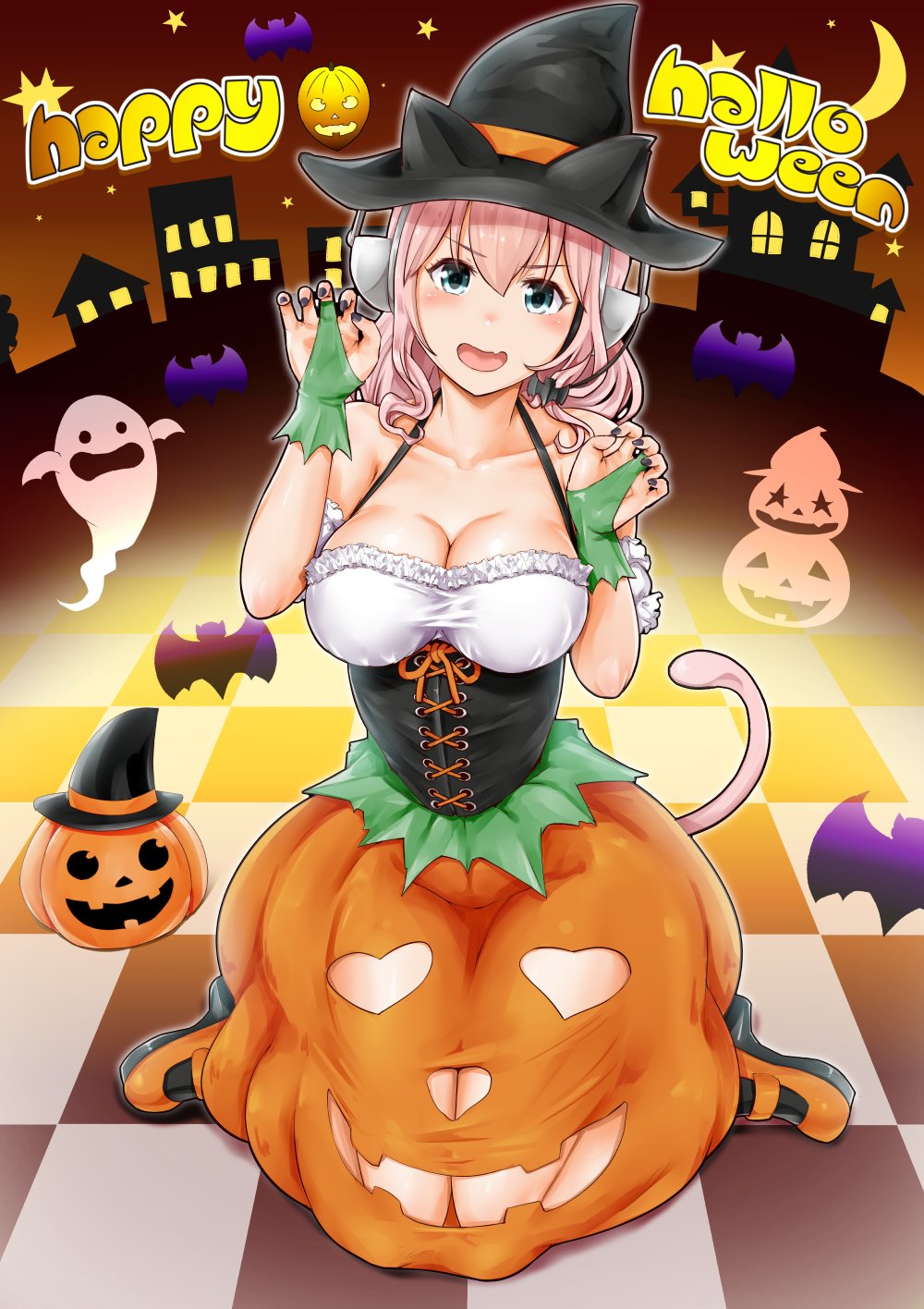 1girl animal_ears bare_shoulders blush breasts bridal_gauntlets cat_ears cat_tail cleavage fang ganari_ryuu gloves green_eyes halloween halloween_costume happy_halloween hat headphones headset highres jack-o'-lantern large_breasts long_hair looking_at_viewer open_mouth original pink_hair pumpkin_skirt smile solo super_tama_musume tail tamatoys witch_hat