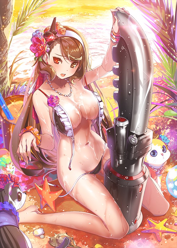 1girl animal arm_support bangs bare_legs barefoot beach bikini black_bikini bracelet breasts brown_eyes brown_hair cleavage flower frilled_bikini frills front-tie_top hair_flower hair_ornament heterochromia huge_weapon jewelry large_breasts lens_flare long_hair long_legs navel necklace open_bikini open_clothes outdoors pop_kyun qurare_magic_library red_eyes side-tie_bikini side_ponytail sitting smile solo swept_bangs swimsuit untied untied_bikini very_long_hair wariza weapon