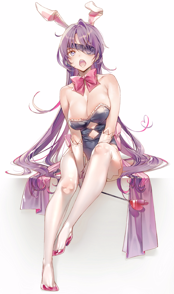 1girl animal_ears blush bow bowtie breasts bunny_girl bunnysuit cleavage collarbone dsmile elbow_gloves eyepatch fake_animal_ears gloves heart high_heels long_hair looking_at_viewer mirai_nikki open_mouth purple_hair rabbit_ears simple_background solo staff thigh-highs uryuu_minene violet_eyes white_background white_gloves white_legwear