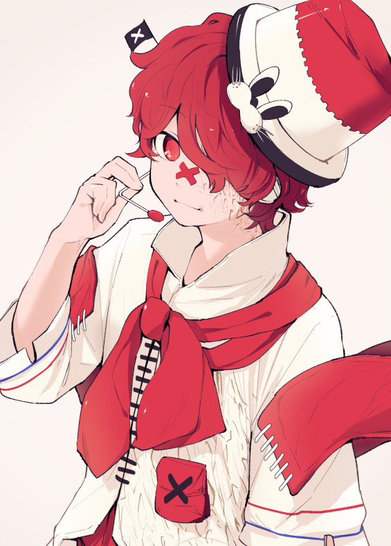 1boy asymmetrical_clothes fukase grey_background hair_over_one_eye hat head_flag looking_at_viewer male_focus microphone mini_flag motitoy popped_collar red_eyes redhead scar simple_background smile solo top_hat vocaloid