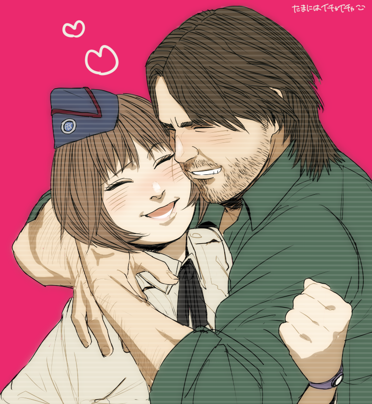 1boy 1girl blush bob_cut brown_hair closed_eyes couple facial_hair garrison_cap hat heart hetero hug jessica_sherawat parker_luciani resident_evil resident_evil_revelations shitara_(kaimetsu_joutai) short_hair stubble watch watch