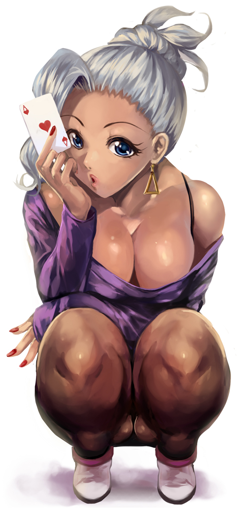 1girl ace_of_hearts blue_eyes bra_strap breasts card chichibu_rabura cleavage dark_skin earrings jewelry nail_polish pantyhose ponytail punch_line red_nails revision silver_hair solo squatting whistlerx