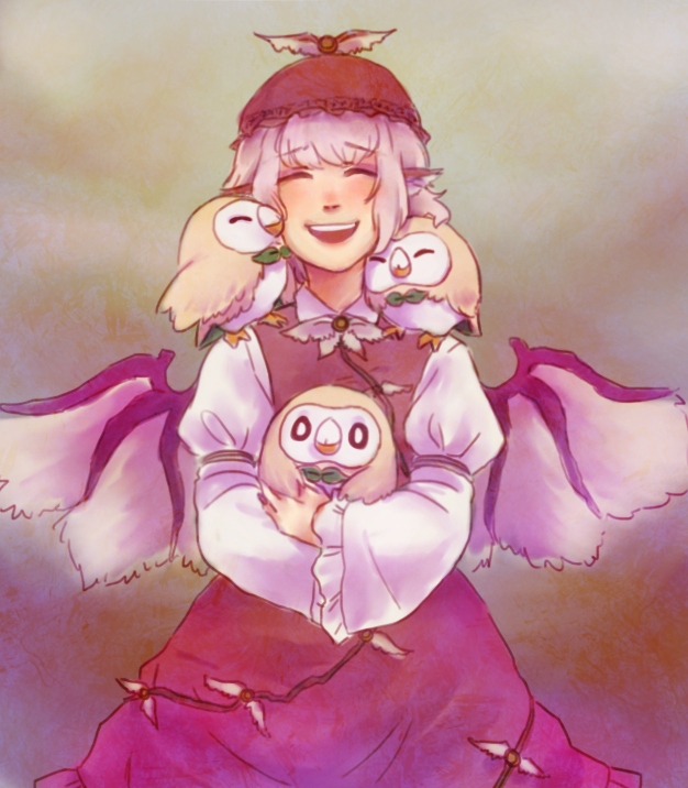 1girl beak bird_wings closed_eyes crossover dress estrelloso hat head_wings juliet_sleeves long_sleeves mystia_lorelei nuzzle on_shoulder open_mouth pink_hair pokemon pokemon_(creature) puffy_sleeves rowlet smile touhou wings