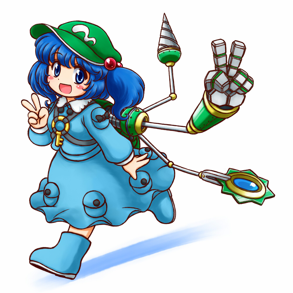 1girl backpack bag blue_eyes blue_hair blue_shirt blue_skirt blush_stickers boots drill eyebrows eyebrows_visible_through_hair full_body green_hat hair_bobbles hair_ornament hat kawashiro_nitori key long_sleeves looking_at_viewer mechanical_arm nitamago open_mouth pocket rubber_boots shirt short_hair simple_background skirt skirt_set smile solo touhou two_side_up v white_background