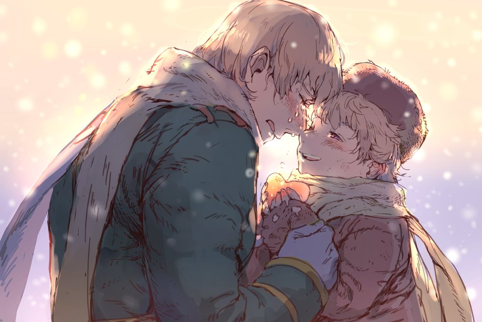 2boys axis_powers_hetalia blush brown_hair child clenched_hands closed_eyes crying dashi_(minzoku_gb) dual_persona epaulettes fingerless_gloves gloves half-closed_eyes heart male_focus military military_uniform multiple_boys russia_(hetalia) scarf smile snow time_paradox uniform upper_body white_gloves