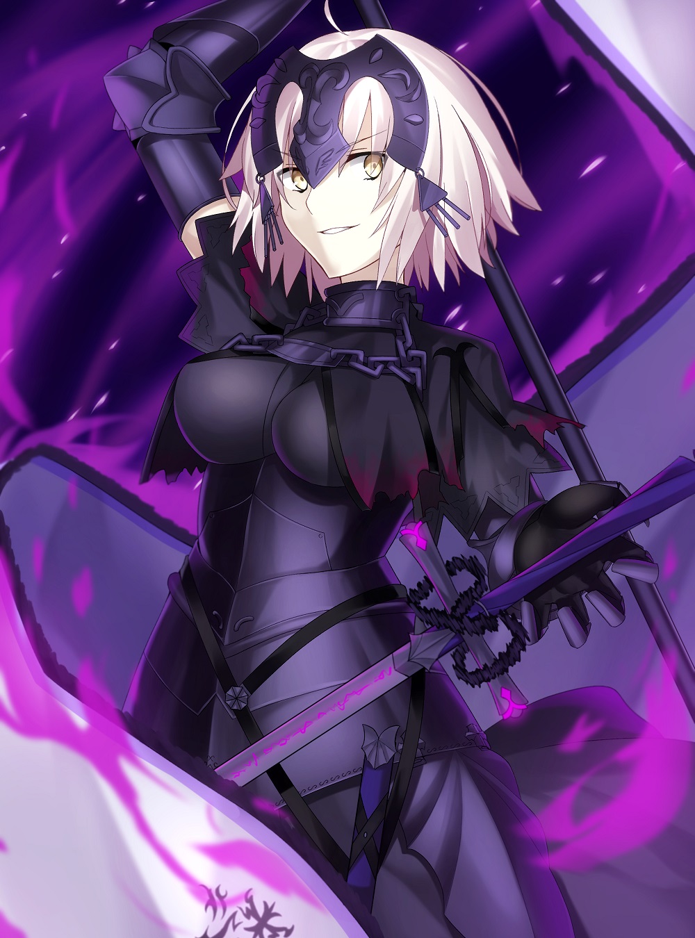 1girl armor breasts chain fate/grand_order fate_(series) highres jeanne_alter large_breasts looking_at_viewer minamina ruler_(fate/apocrypha) short_hair solo standard_bearer sword type-moon weapon yellow_eyes