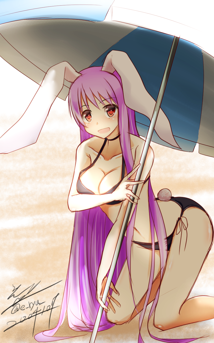 1girl :d alternate_costume animal_ears arched_back bare_arms bare_shoulders beach_umbrella bikini black_bikini blush breasts bunny_girl bunny_tail choker cleavage collarbone dated eeryuu_(2004107) halter_top halterneck highres kneeling large_breasts leaning_forward long_hair looking_at_viewer navel open_mouth purple_hair rabbit_ears red_eyes reisen_udongein_inaba side-tie_bikini signature smile solo stomach swimsuit tail touhou twitter_username umbrella very_long_hair