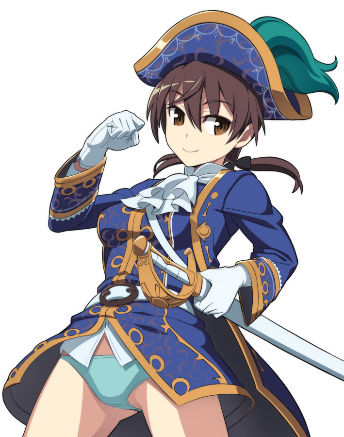 1girl belt blue_panties brown_eyes brown_hair coat cravat gertrud_barkhorn gloves hair_ribbon hat long_hair nanashino no_pants panties pirate pirate_hat ribbon saber_(weapon) scabbard sheath sheathed smile solo strike_witches sword twintails underwear weapon white_gloves world_witches_series