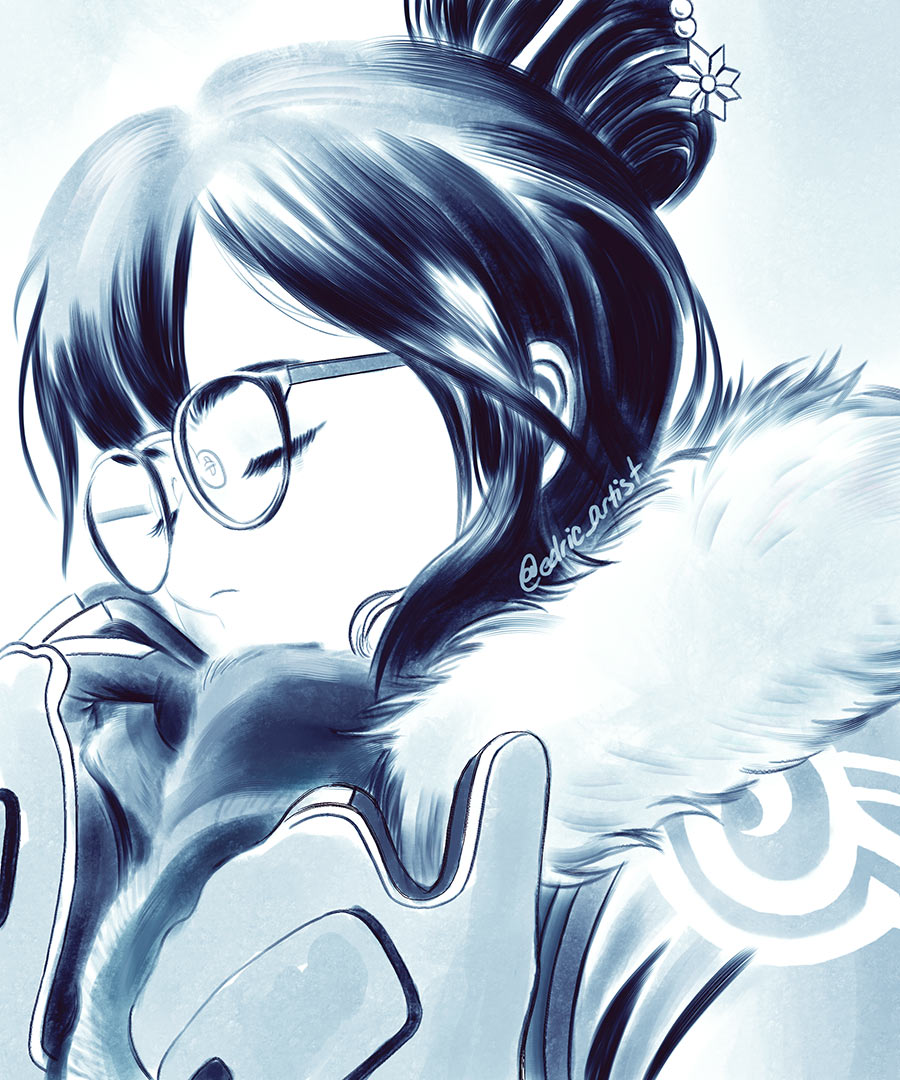 1girl artist_name bangs black-framed_eyewear closed_eyes closed_mouth coat eyelashes fur-lined_jacket fur_trim glasses gloves hair_bun hair_ornament hair_stick hand_to_own_mouth jacket long_sleeves luffie mei_(overwatch) monochrome nose overwatch parka short_hair sidelocks smile snowflake_hair_ornament solo winter_clothes winter_coat