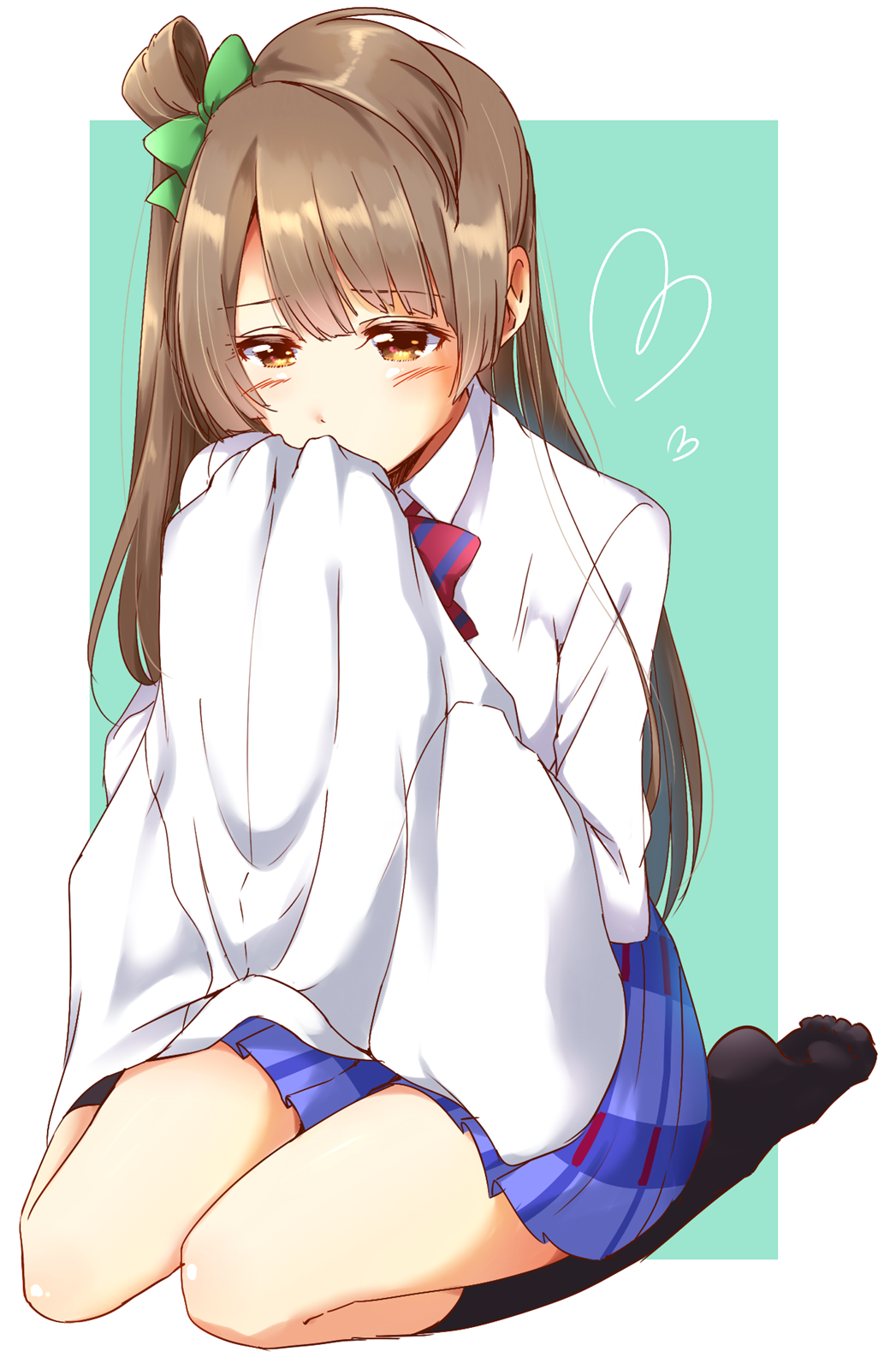 1girl bangs black_hair bow bowtie brown_eyes brown_hair collared_shirt commentary_request green_bow hair_bow heart highres kneehighs ksk_(semicha_keisuke) long_hair long_sleeves love_live! love_live!_school_idol_project minami_kotori no_shoes one_side_up school_uniform shirt shirt_removed sitting skirt smelling solo striped striped_bow striped_bowtie white_shirt