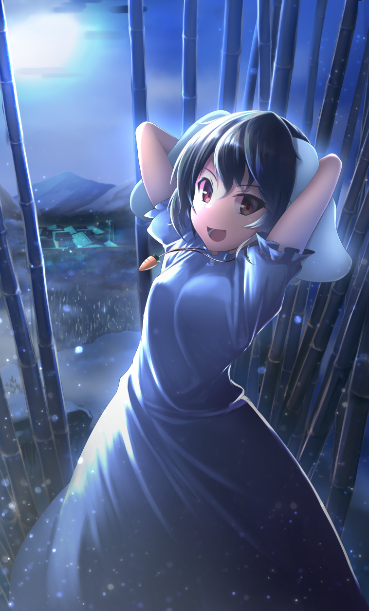 &gt;:d 1girl :d animal_ears arms_behind_head bamboo bamboo_forest black_hair breasts carrot_necklace cowboy_shot dress eientei forest full_moon highres inaba_tewi light_particles looking_at_viewer moon moonlight nature night night_sky open_mouth outdoors puffy_short_sleeves puffy_sleeves rabbit_ears red_eyes short_sleeves sky small_breasts smile solo supuraito touhou white_dress