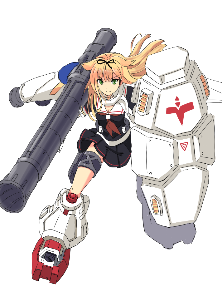 1girl black_serafuku blonde_hair female green_eyes gundam gundam_0083 gundam_gp-02_physalis kantai_collection long_hair school_uniform serafuku simple_background smile solo taishi_(moriverine) white_background yuudachi_(kantai_collection)