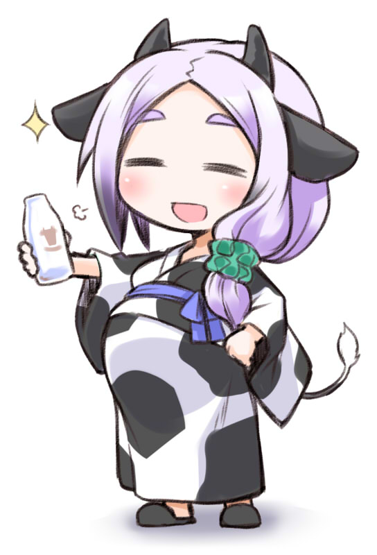 1girl animal_ears big_belly bottle chibi closed_eyes cow_ears cow_girl cow_horns cow_print cow_tail horns japanese_clothes kimono kugelschreiber long_hair milk_bottle original pregnant purple_hair simple_background smile solo tail