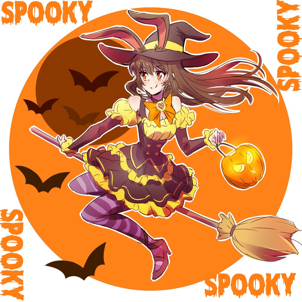 animal_ears bat broom broom_riding bunny_girl halloween halloween_costume hat iesupa pumpkin rabbit_ears rwby velvet_scarlatina witch witch_hat
