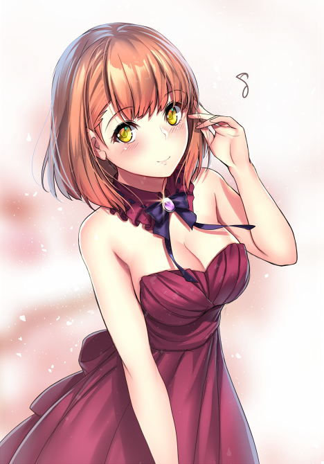 1girl adjusting_hair aruma_jiki bare_shoulders blush breasts brown_hair cleavage detached_collar dress nanami_haruka short_hair smile solo uta_no_prince-sama yellow_eyes