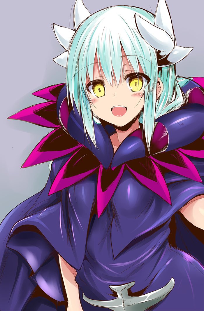 1girl blush caster_(fate/zero) caster_(fate/zero)_(cosplay) commentary_request cosplay dragon_horns fate/grand_order fate/zero fate_(series) green_hair hair_between_eyes horns kiyohime_(fate/grand_order) long_hair looking_at_viewer open_mouth purple_robe robe sen_(astronomy) shadow solo upper_body yellow_eyes