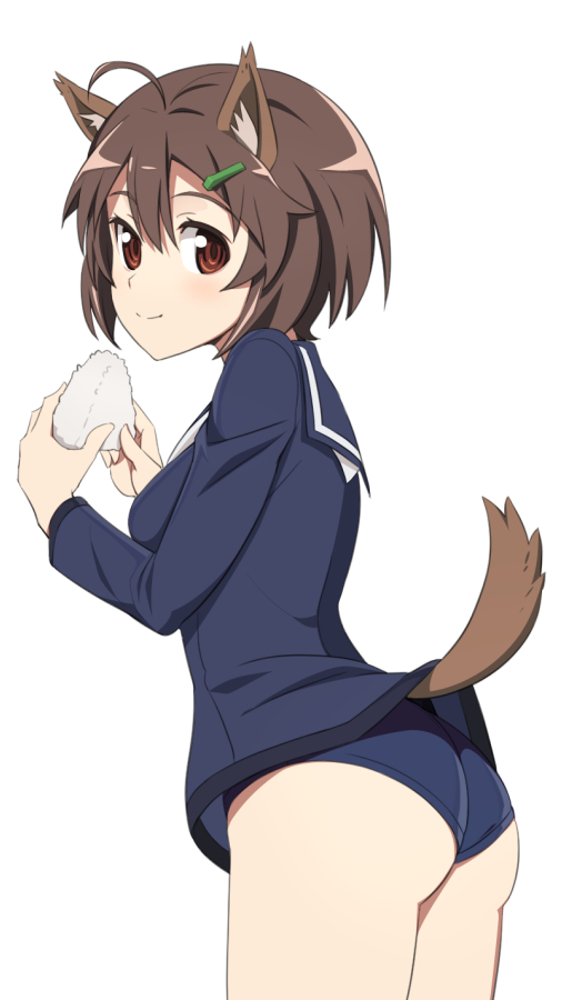 1girl ahoge animal_ears blush brave_witches brown_eyes brown_hair commentary_request dog_ears dog_tail food from_behind hair_ornament hairclip karibuchi_hikari long_sleeves looking_back nanashino onigiri rice sailor_collar school_swimsuit short_hair smile solo standing strike_witches swimsuit swimsuit_under_clothes tail world_witches_series