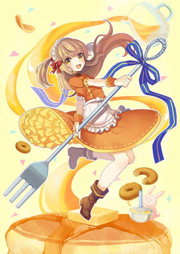 :d boots brown_boots brown_eyes brown_hair brown_skirt butter doughnut error food food_themed_clothes fork long_hair mixing_bowl morinaga_(brand) open_mouth oversized_object pancake pitcher rabbit skirt smile standing sunsnny syrup whisk