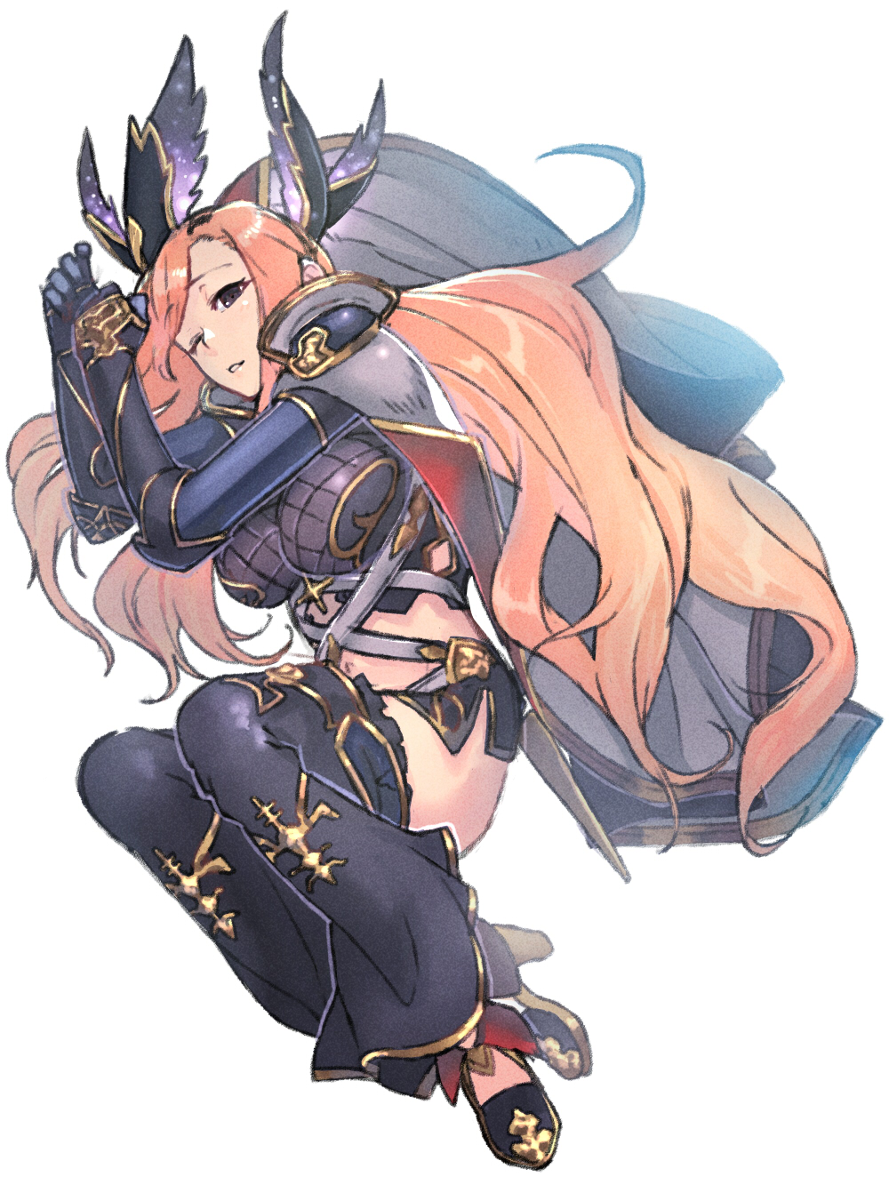 1girl bellbottoms black_eyes black_shoes breasts cape granblue_fantasy head_wings high_heels highres large_breasts leggings long_hair lying navel on_side one_eye_closed orange_hair parted_lips shikuro_(masax1107) shoes short_shorts shorts simple_background solo song_(granblue_fantasy) very_long_hair white_background