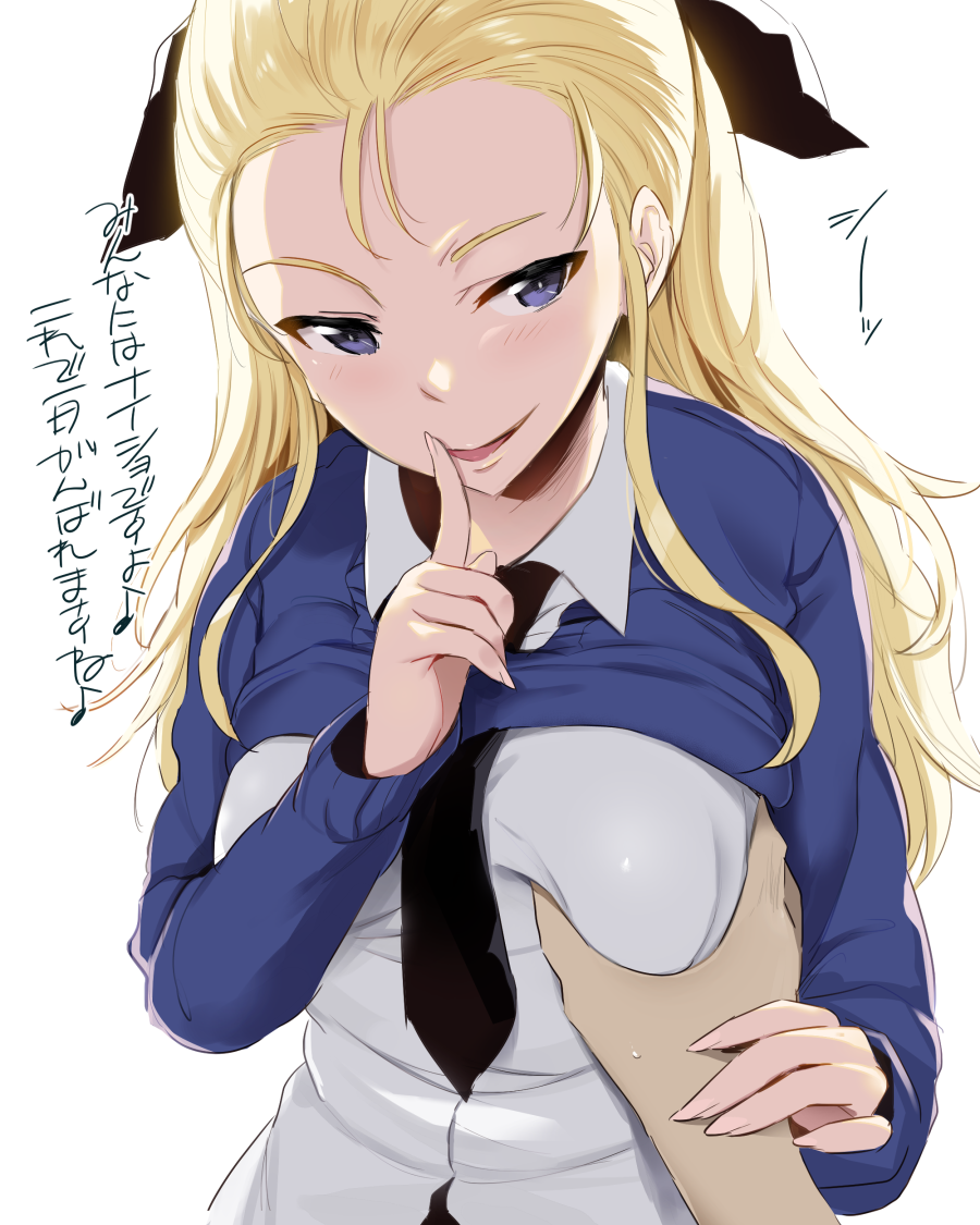 1girl assam black_eyes blonde_hair blush breast_grab finger_to_mouth girls_und_panzer grabbing guided_breast_grab hair_ribbon long_hair looking_at_viewer naughty_face necktie noripachi ribbon shushing sidelocks simple_background solo_focus translated upper_body white_background