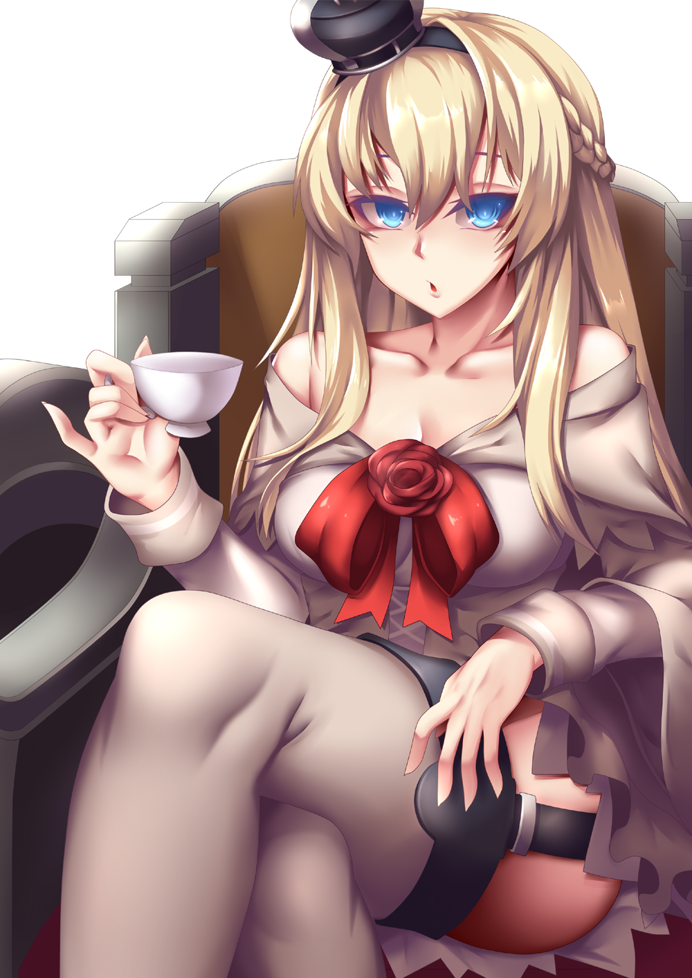 1girl bare_shoulders blonde_hair blue_eyes breasts cleavage collarbone crossed_legs cup fi-san grey_legwear hat highres kantai_collection long_hair looking_at_viewer sitting solo teacup thigh-highs transparent_background warspite_(kantai_collection)