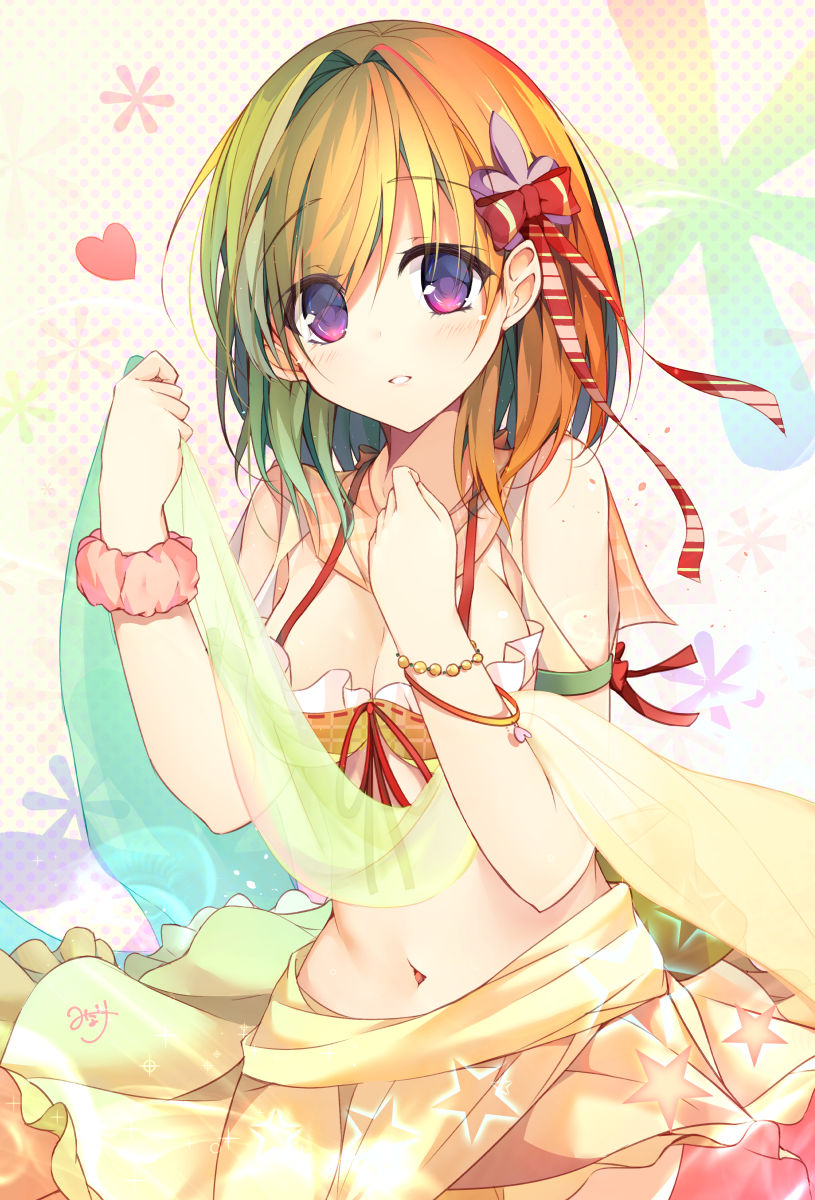 1girl bare_shoulders blonde_hair commentary_request eyebrows eyebrows_visible_through_hair hair_ornament hair_ribbon highres looking_at_viewer minari_(minari37) navel original ribbon sarong scrunchie short_hair solo stomach swimsuit upper_body violet_eyes wrist_cuffs