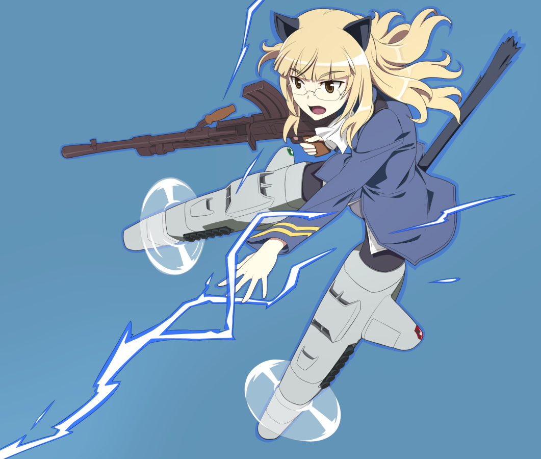 animal_ears black_legwear blonde_hair brown_eyes cat_ears cat_tail electricity glasses gun holding holding_weapon machine_gun military military_uniform nanashino open_mouth pantyhose perrine_h_clostermann strike_witches striker_unit tail uniform weapon world_witches_series