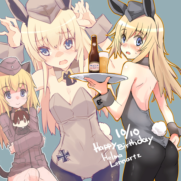 1girl :&gt; alcohol animal_ears ass bare_shoulders beer beer_bottle blonde_hair blue_eyes blush brown_eyes brown_hair bunny_tail bunnysuit caramelldansen cat_ears cat_tail character_doll dated dog_ears doll_hug fujii_jun gertrud_barkhorn happy_birthday hat helma_lennartz iron_cross long_hair looking_at_viewer military military_uniform open_mouth pantyhose rabbit_ears sitting solo strike_witches sweatdrop tail tray twintails uniform world_witches_series wrist_cuffs