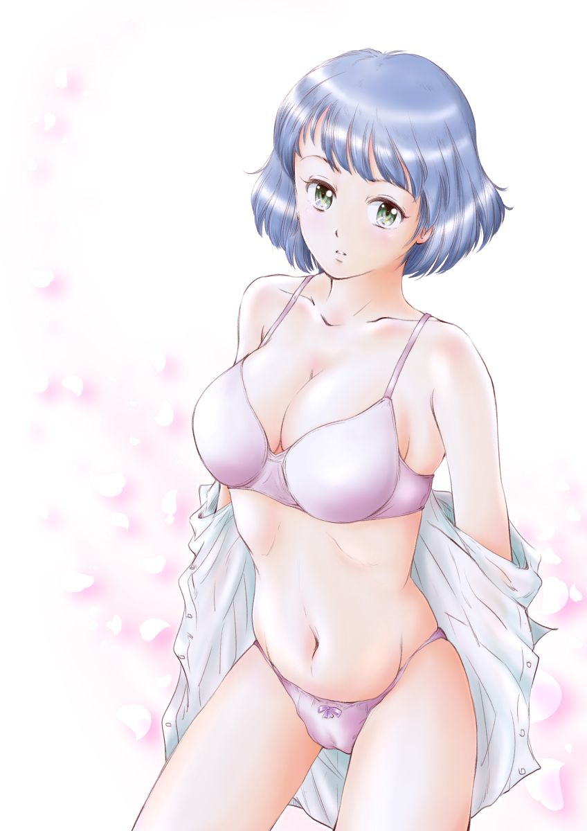 1girl bangs blue_hair bow bow_panties bra breasts cleavage closed_mouth collarbone commentary_request cowboy_shot dress_shirt green_eyes highres large_breasts light_frown lips looking_at_viewer navel neko_mari original panties pulled_by_self purple_bra purple_panties ribs shirt shirt_pull short_hair skindentation solo standing thighs underwear underwear_only undressing white_shirt