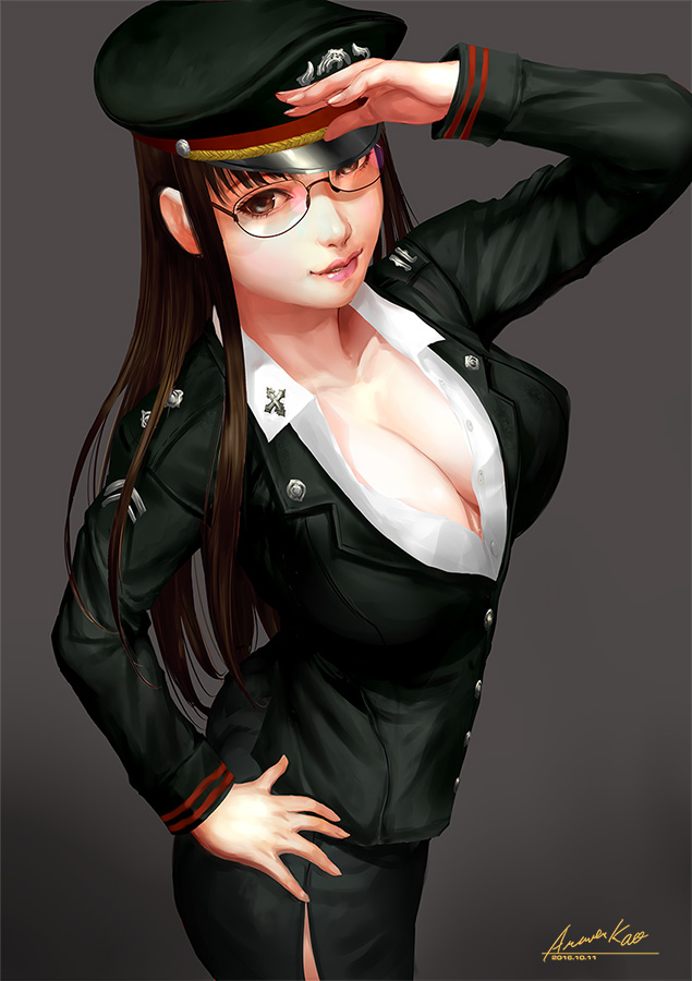 1girl ariverkao breasts brown_background brown_eyes brown_hair cleavage dated glasses hat large_breasts light_smile lips long_hair looking_at_viewer military military_uniform signature simple_background solo uniform