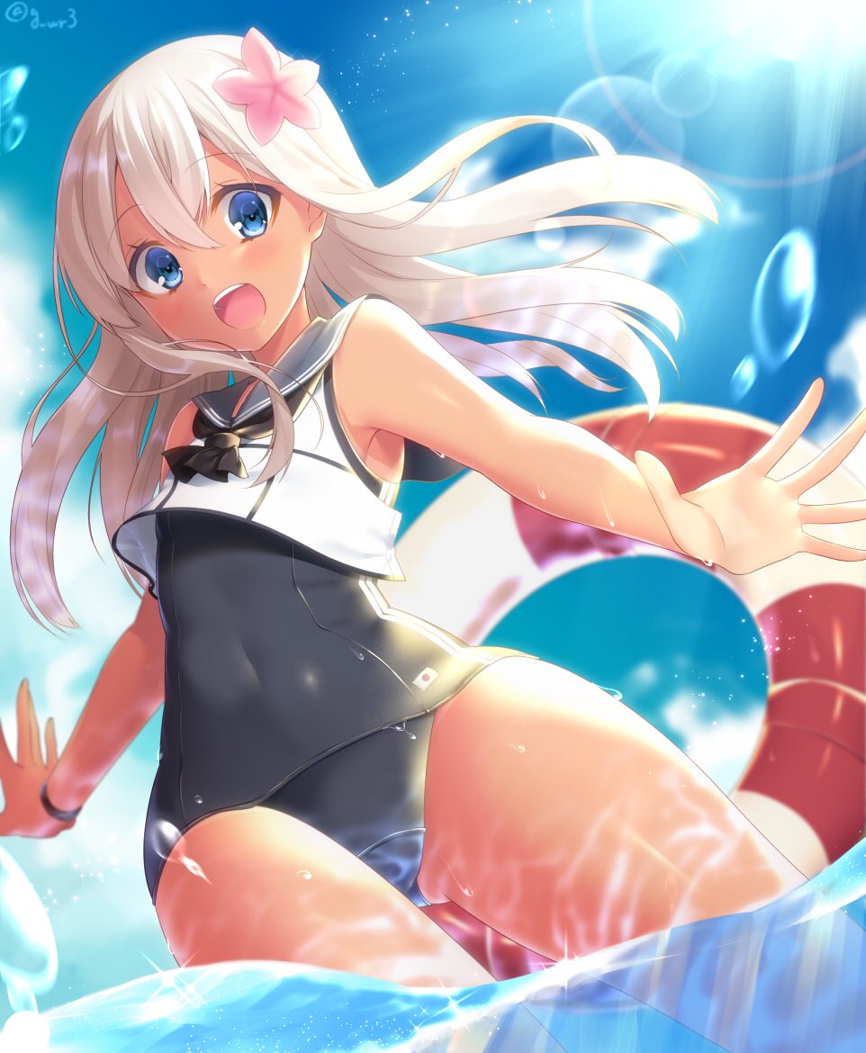 1girl ass_visible_through_thighs blonde_hair blue_eyes blurry blush clouds covered_navel crop_top depth_of_field dutch_angle eyebrows eyebrows_visible_through_hair hair_between_eyes japanese_flag jiiwara kantai_collection lifebuoy looking_at_viewer neckerchief outdoors outstretched_arms ro-500_(kantai_collection) sailor_collar shirt sky sleeveless sleeveless_shirt solo sparkle standing sun sunlight swimsuit swimsuit_under_clothes tan twitter_username water_drop wristband